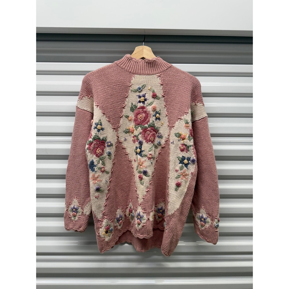 Vintage Maggie Lawrence‎ Floral Embroidered Sweater Pink Cottagecore Mock Neck M